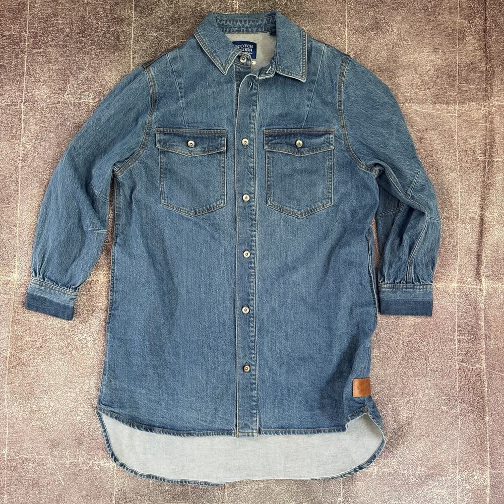 Women's Scotch & Soda Light Blue Washed Denim Trucker Oversized Shirtdress Sz M